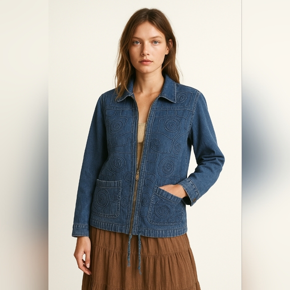 Vintage Jackets & Blazers - Vintage 90s Boho Embroidered Jean Jacket with Rhinestones blue size large